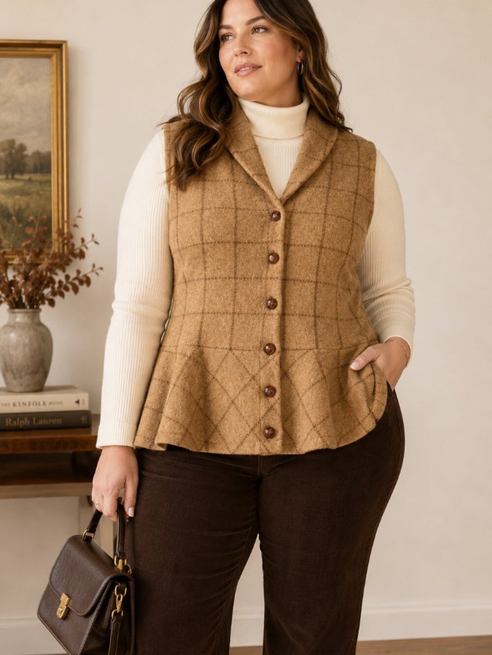 Lauren Ralph Lauren 1X Lambswool Plaid Sweater Vest Peplum Academia Preppy